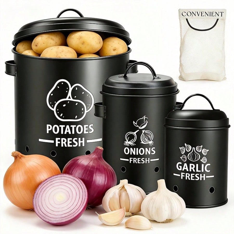 감자 양파 마늘 보관함 세트, 농가풍 블랙 메탈 3종  - Kitchen Gadgets Organizer 리뷰 및 가격